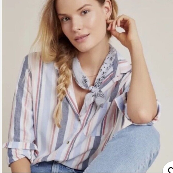 Anthropologie Maeve Multi Chatham Colored Striped Button Down Shirt Sz Small - Picture 5 of 8
